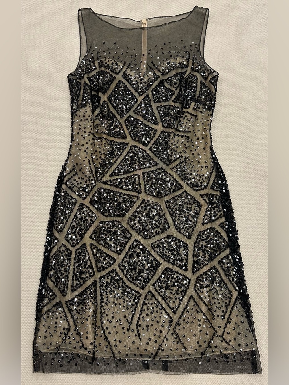 Basix Black Label Dress Beaded Sequin Mesh Cocktail Black And Tan Size 4